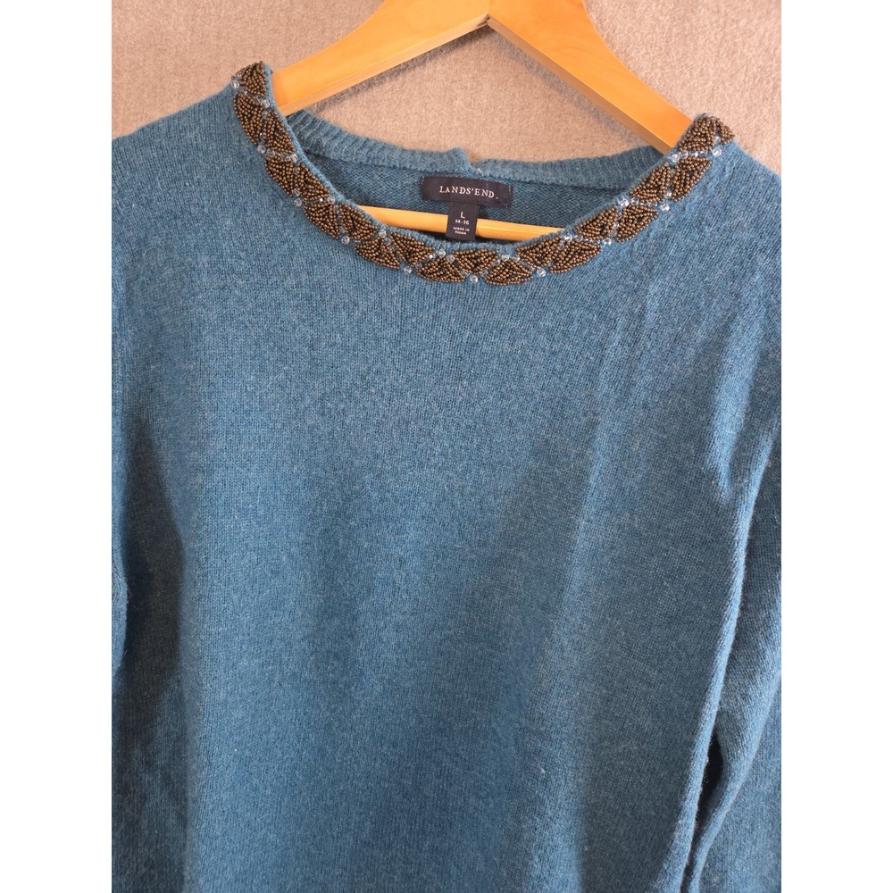 LANDS END Wool Blend Womens L Jeweled Neck Pullover Sweater Old Money Preppy Y2K